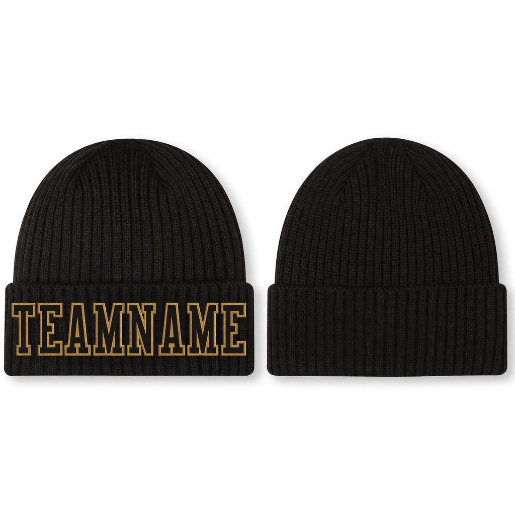 Custom Black Black-Old Gold Stitched Cuffed Knit Hat