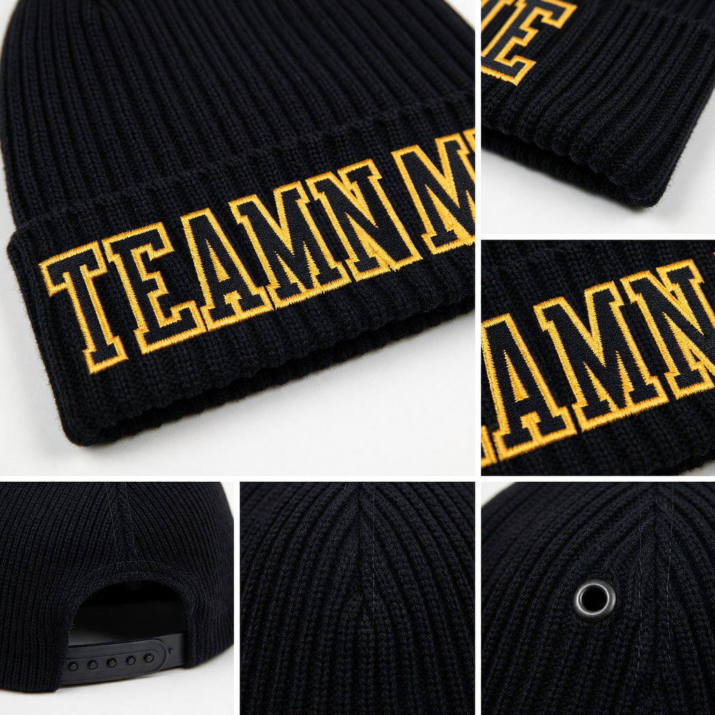Custom Black Black-Old Gold Stitched Cuffed Knit Hat detail