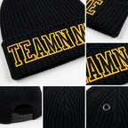 Custom Black Black-Old Gold Stitched Cuffed Knit Hat detail