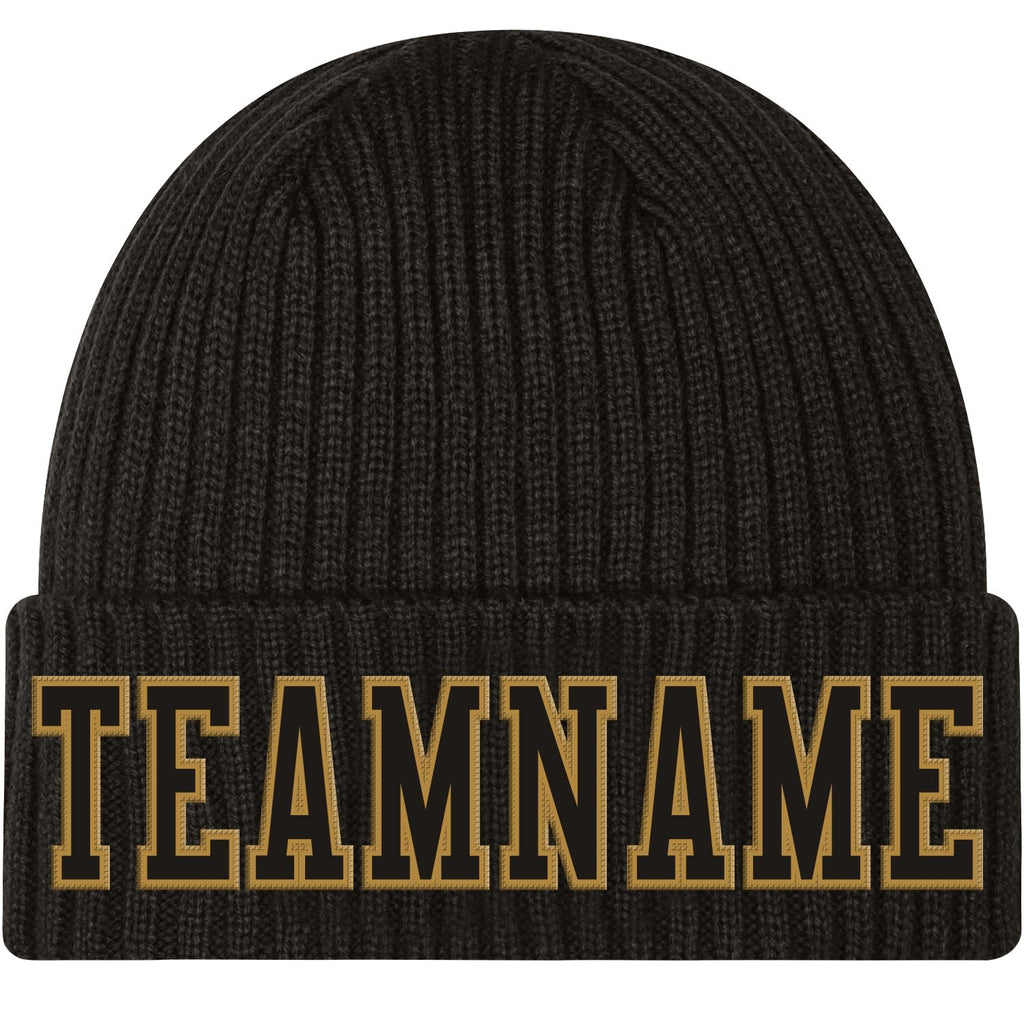 Custom Black Black-Old Gold Stitched Cuffed Knit Hat photo 1