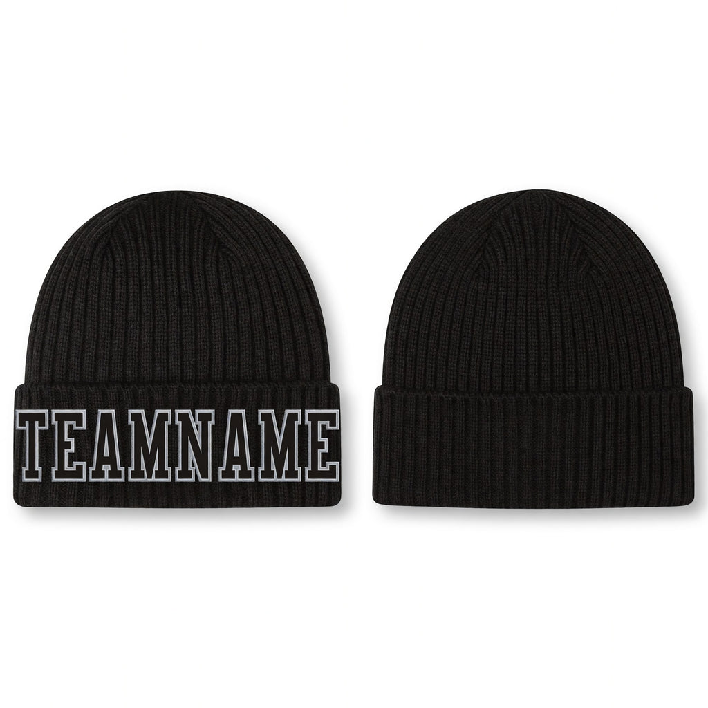 Custom Black Black-Gray Stitched Cuffed Knit Hat