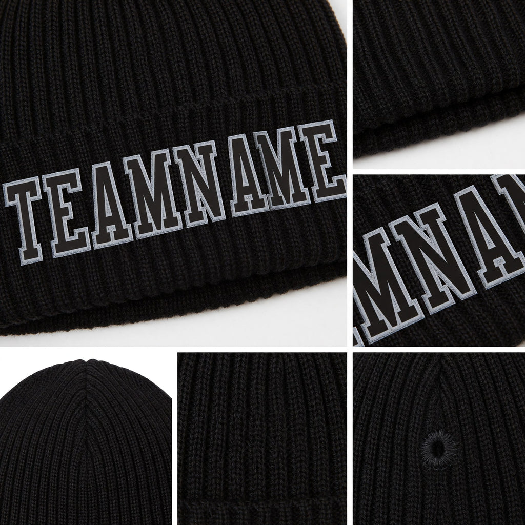 Custom Black Black-Gray Stitched Cuffed Knit Hat detail