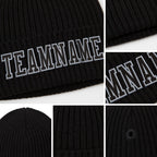 Custom Black Black-Gray Stitched Cuffed Knit Hat detail