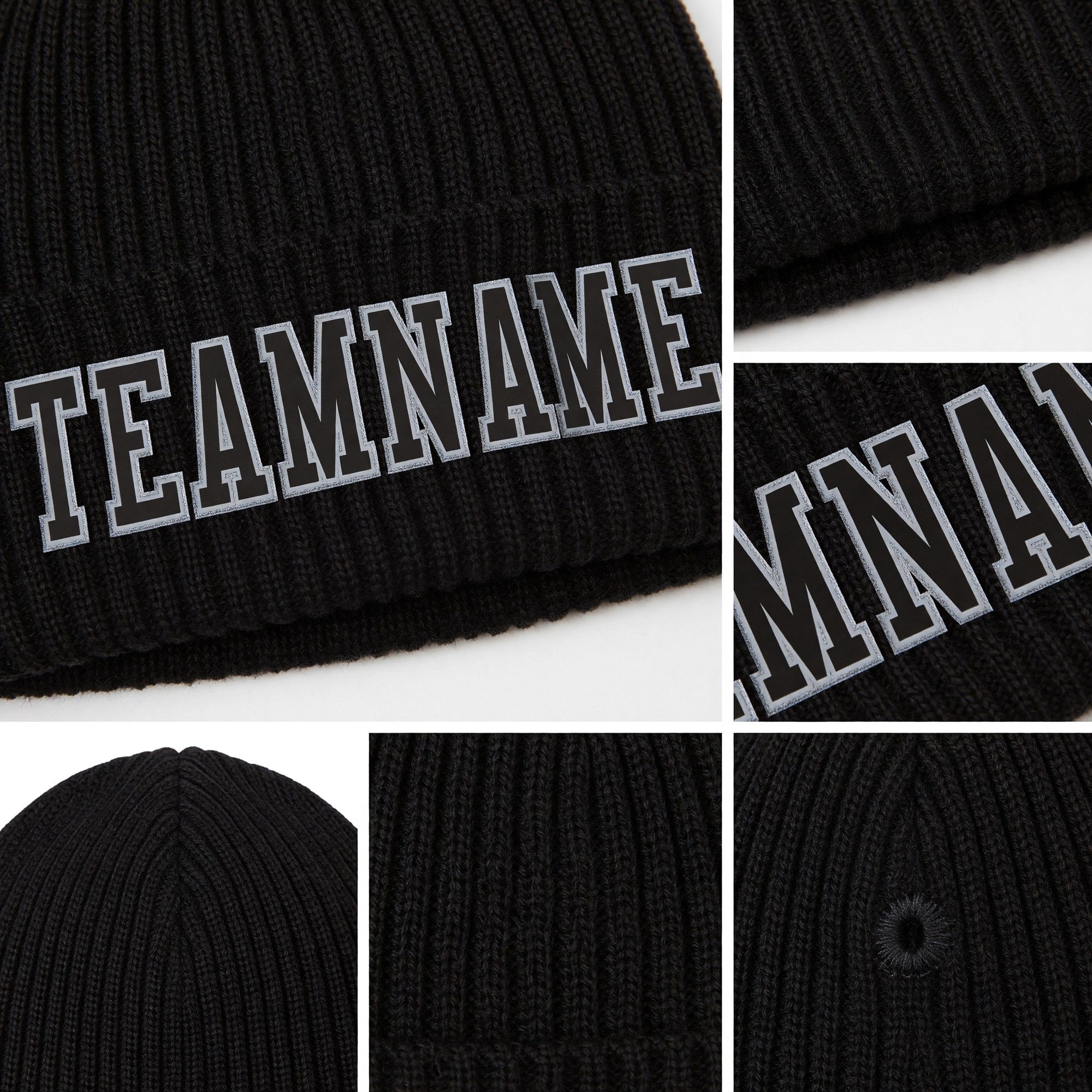 Custom Black Black-Gray Stitched Cuffed Knit Hat detail
