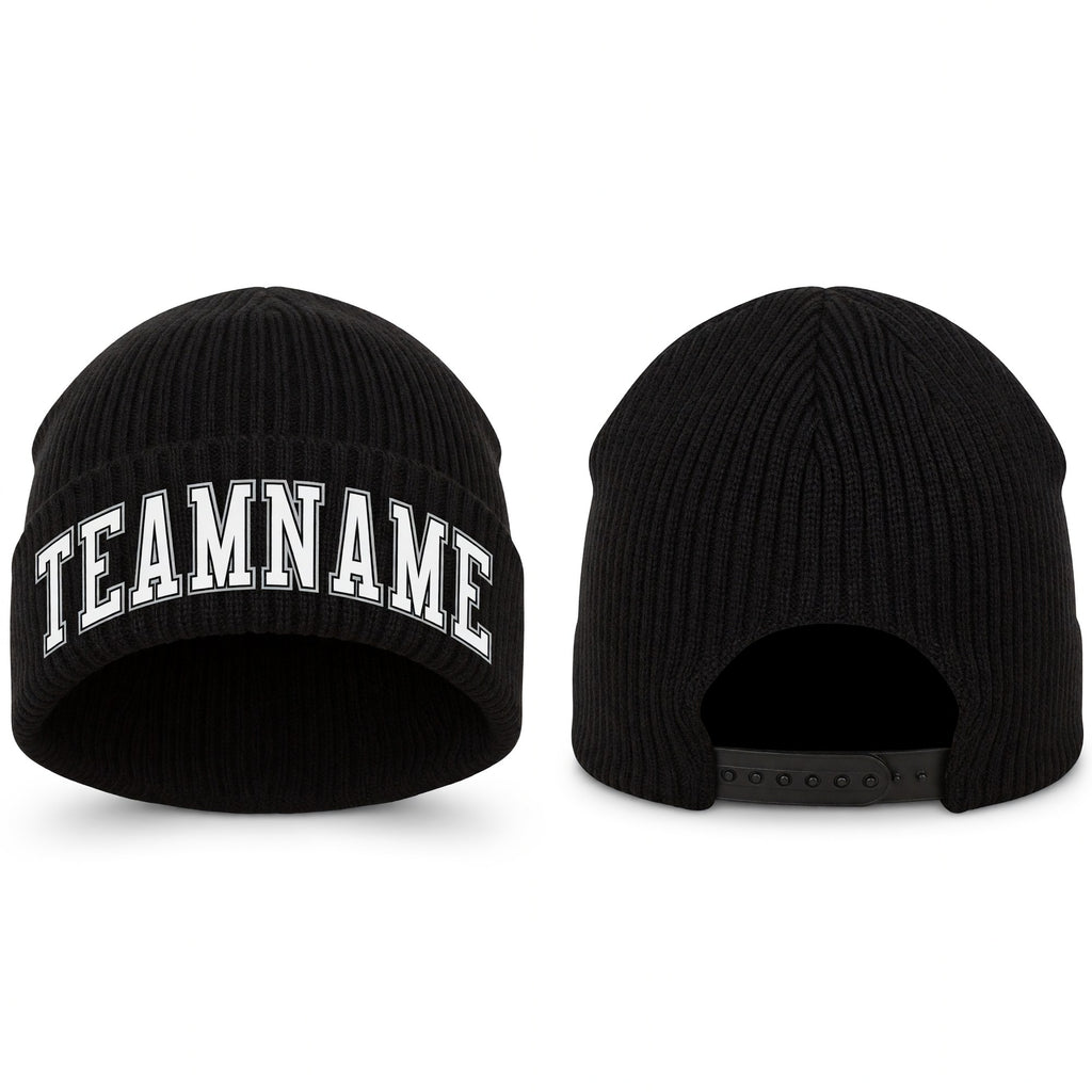 Custom Black White-Gray Stitched Cuffed Knit Hat