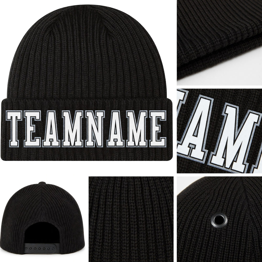 Custom Black White-Gray Stitched Cuffed Knit Hat detail