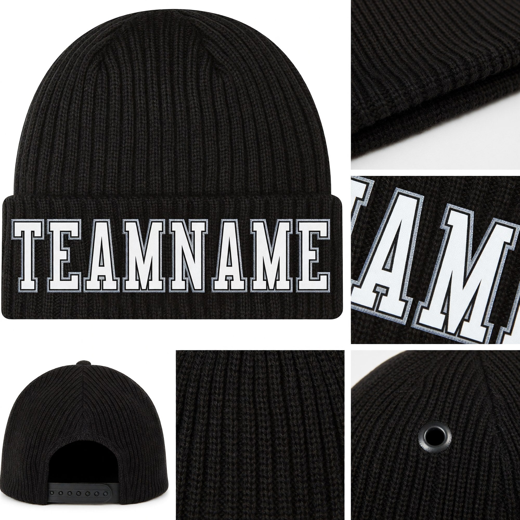 Custom Black White-Gray Stitched Cuffed Knit Hat detail