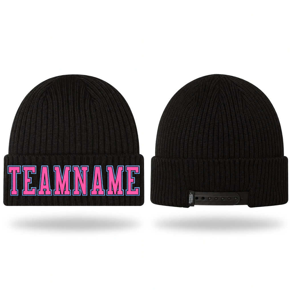 Custom Black Pink-Light Blue Stitched Cuffed Knit Hat