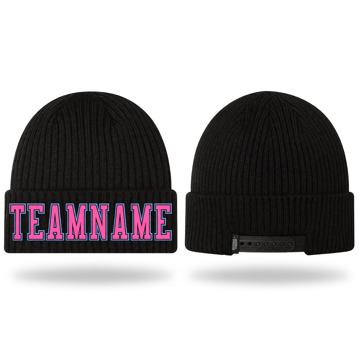 Custom Black Pink-Light Blue Stitched Cuffed Knit Hat