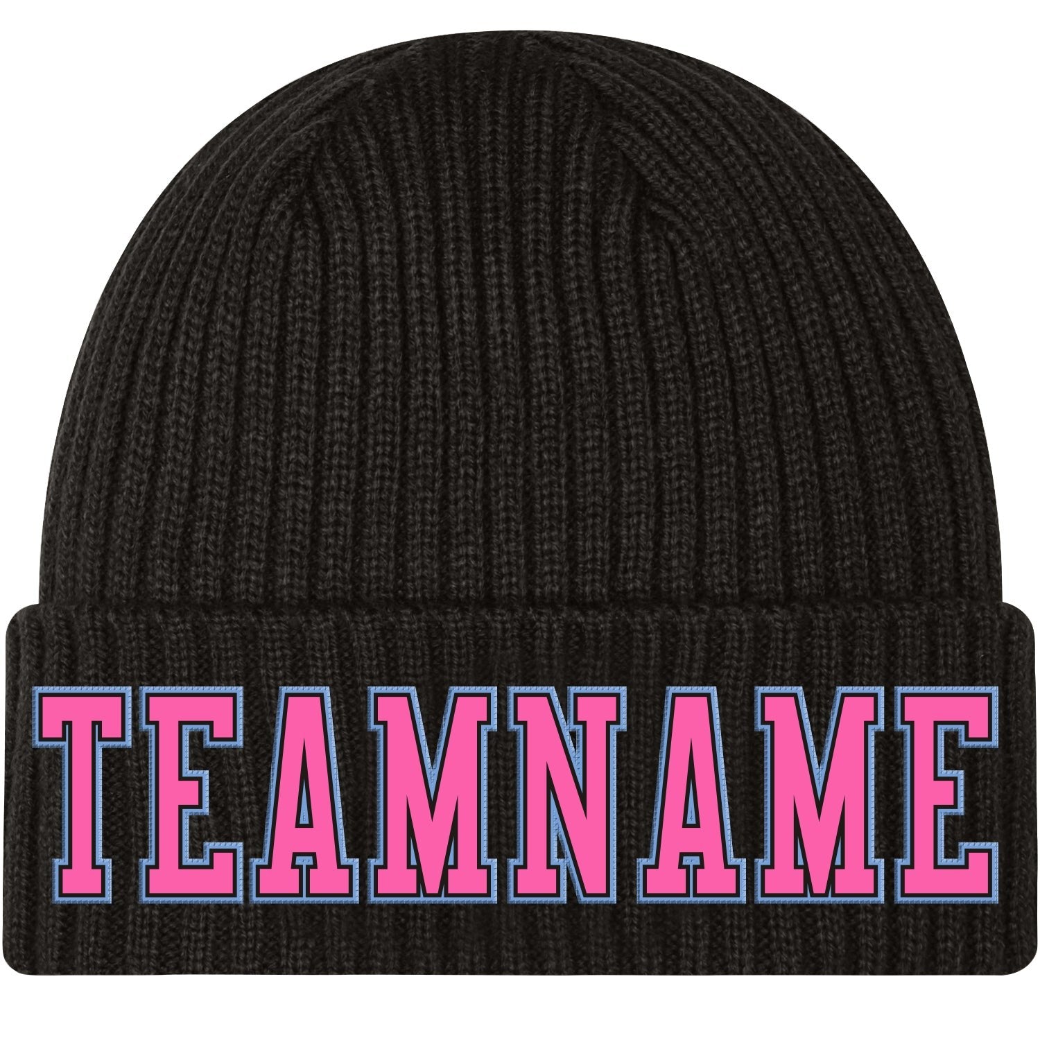 Custom Black Pink-Light Blue Stitched Cuffed Knit Hat photo 1