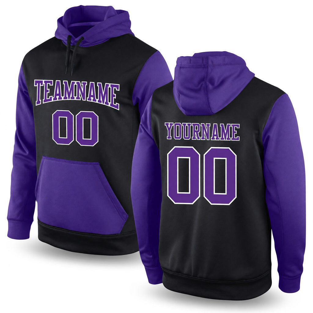 Custom Stitched Black Purple-White Sports Pullover Sweatshirt Hoodie