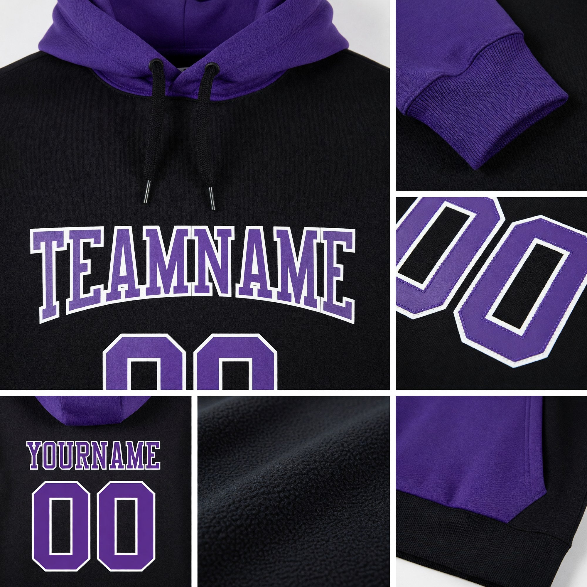 Custom Stitched Black Purple-White Sports Pullover Sweatshirt Hoodie detail