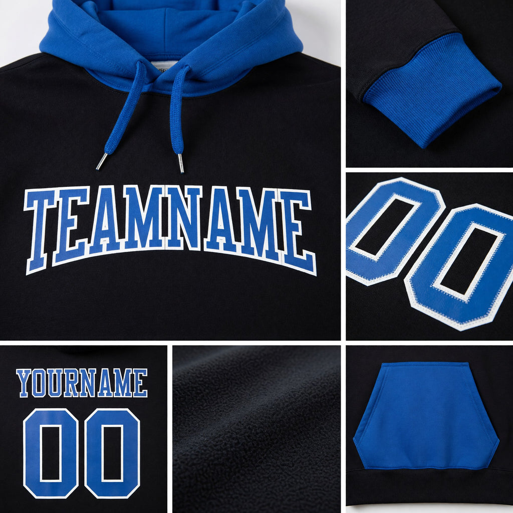 Custom Stitched Black Royal-White Sports Pullover Sweatshirt Hoodie detail