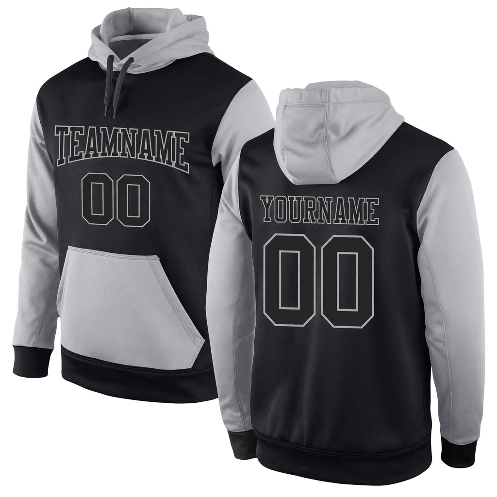Custom Stitched Black Black-Gray Sports Pullover Sweatshirt Hoodie