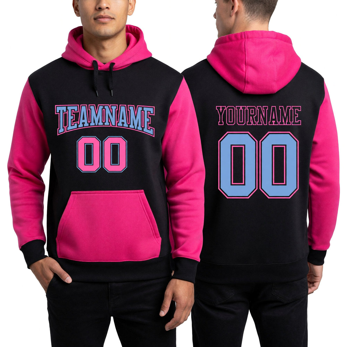 Custom Stitched Black Light Blue-Pink Sports Pullover Sweatshirt Hoodie worn front and back