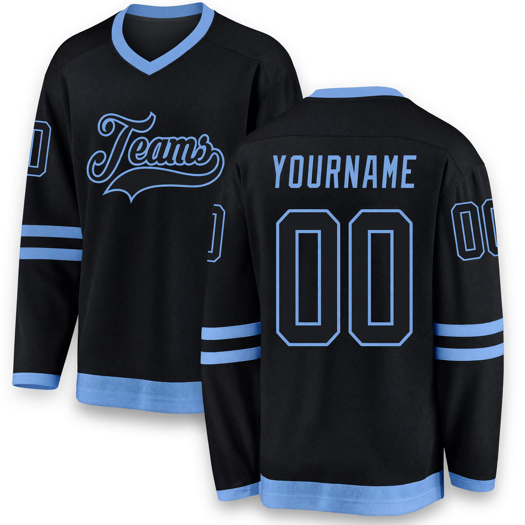 Custom Black Black-Light Blue Hockey Jersey