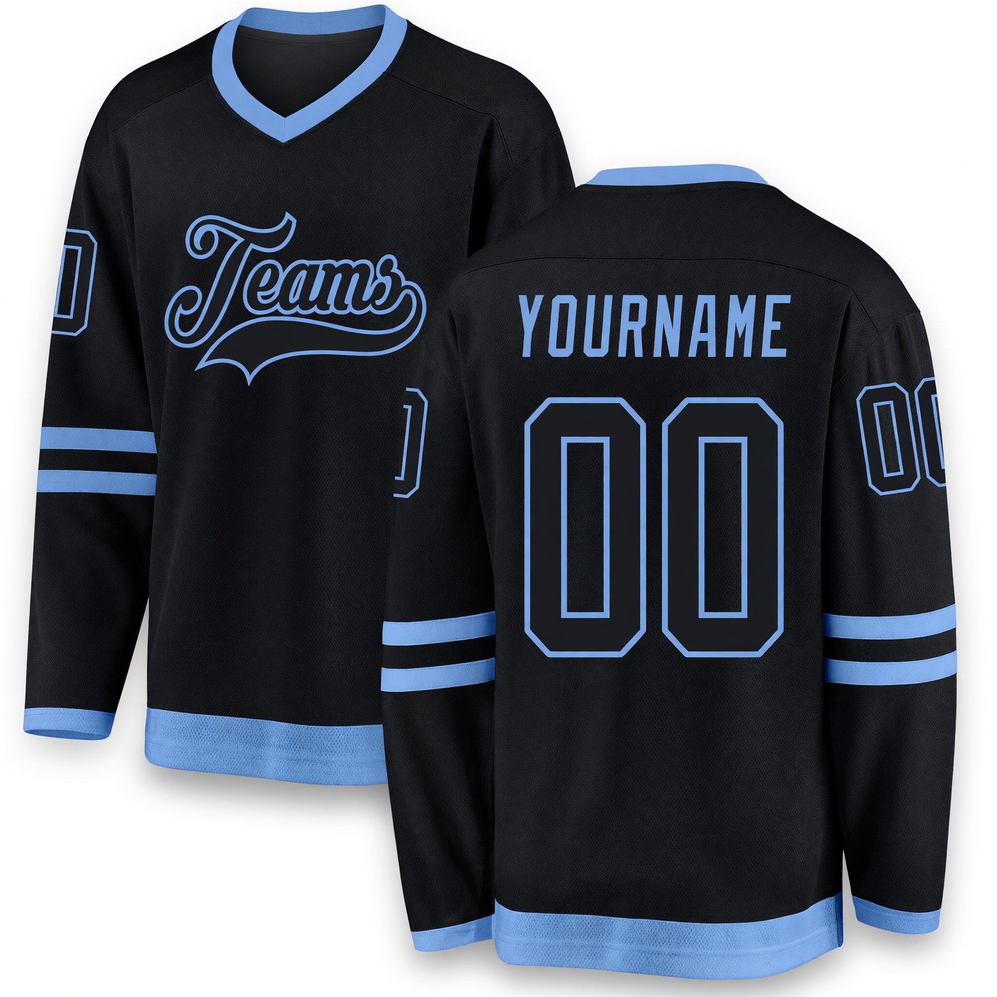 Custom Black Black-Light Blue Hockey Jersey