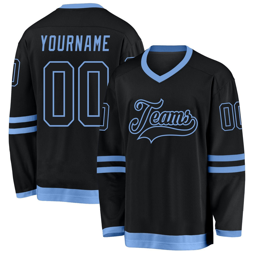 Custom Black Black-Light Blue Hockey Jersey photo 1