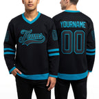 Custom Black Black-Teal Hockey Jersey worn front and back