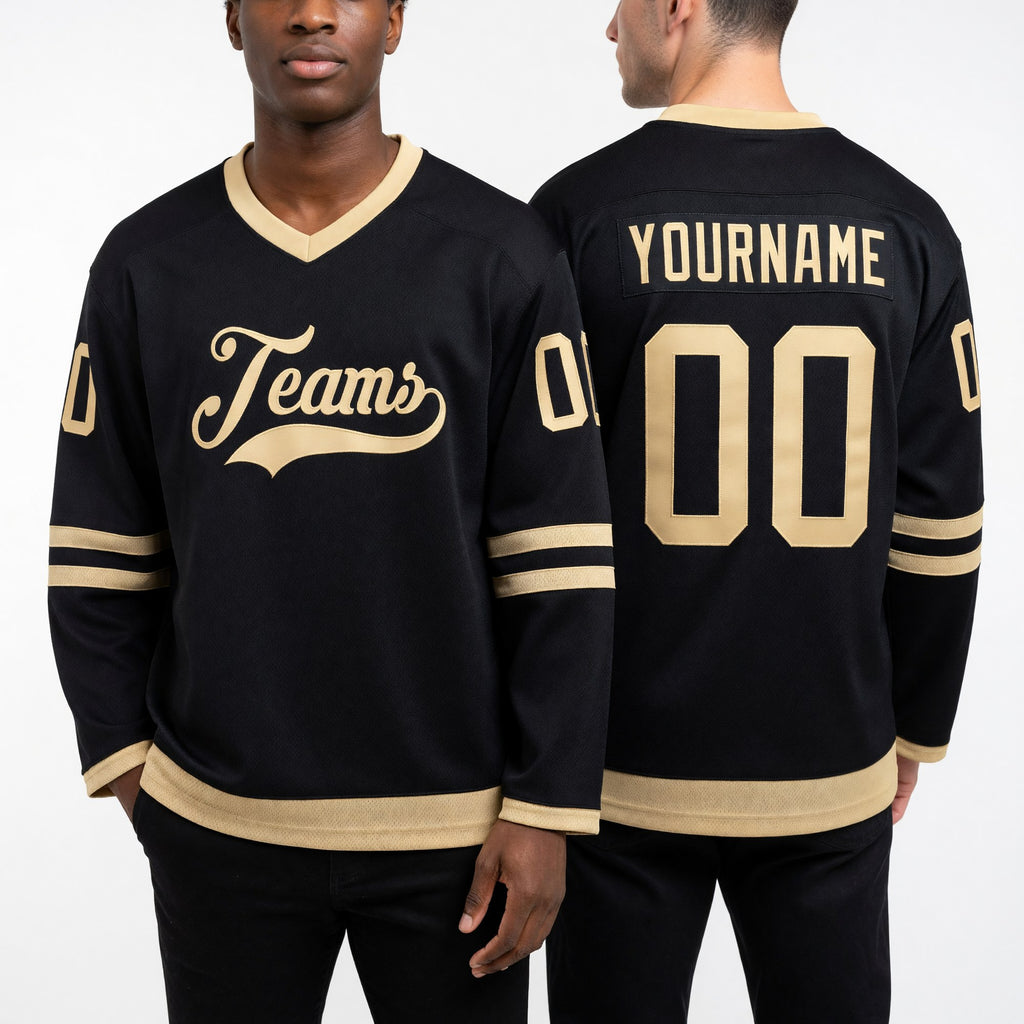 Custom Black Old Gold Hockey Jersey worn front and back