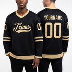 Custom Black Old Gold Hockey Jersey worn front and back