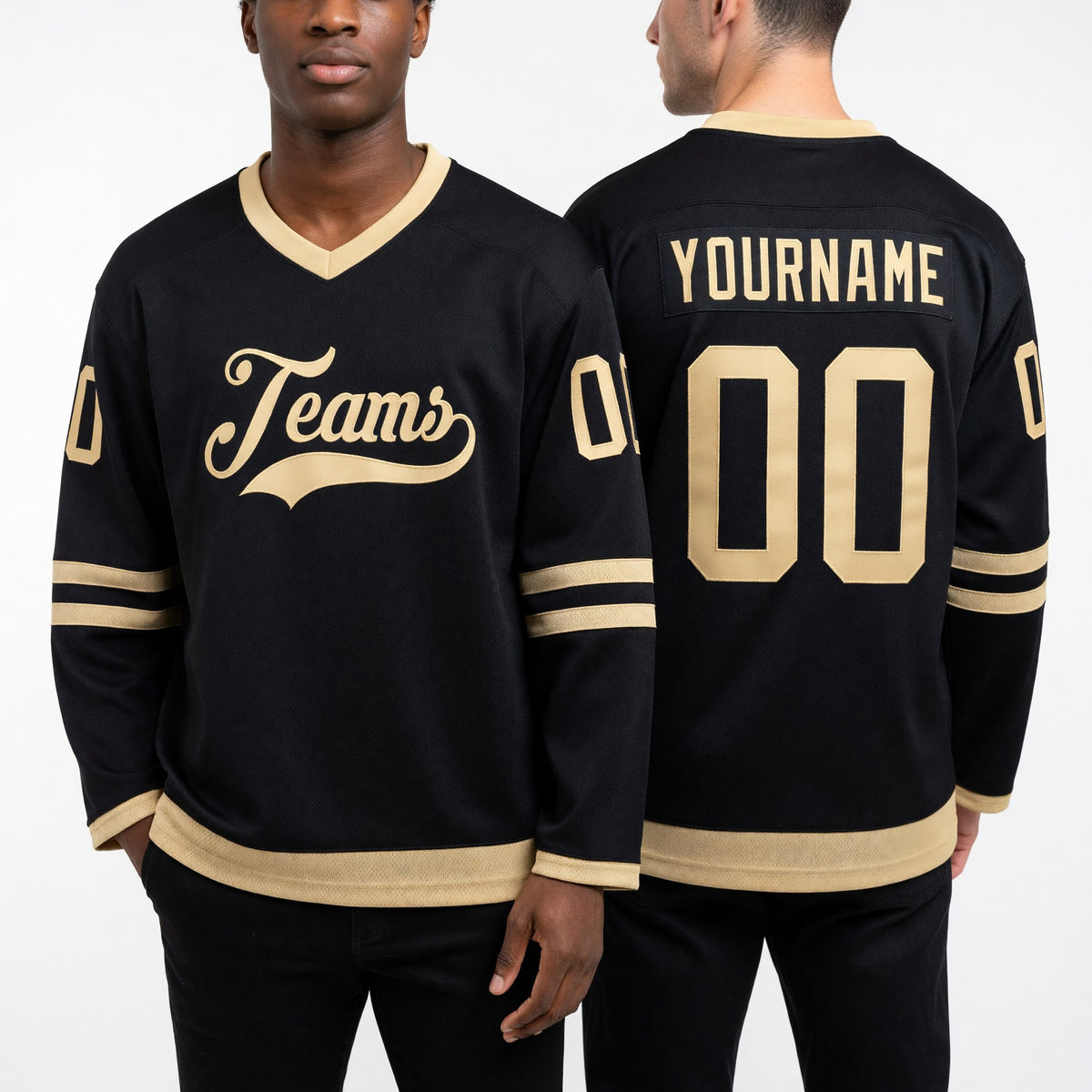Custom Black Old Gold Hockey Jersey worn front and back
