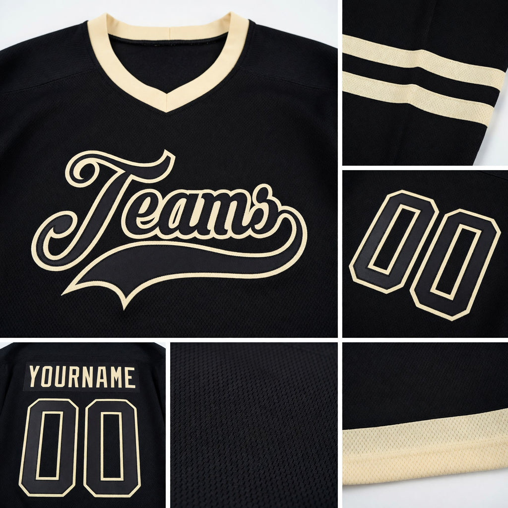 Custom Black Black-Cream Hockey Jersey detail