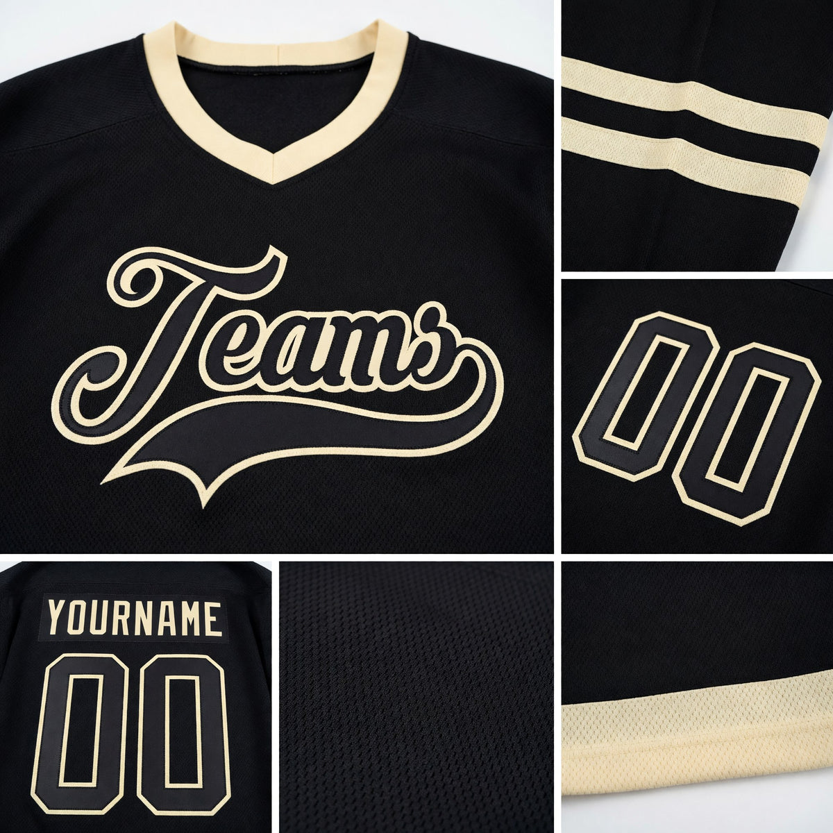 Custom Black Black-Cream Hockey Jersey detail