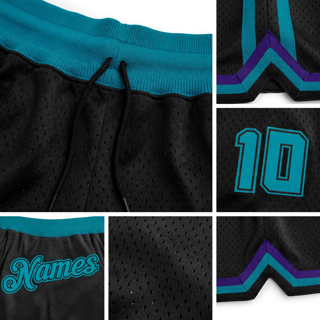 Custom Black Teal-Black Authentic Throwback Basketball Shorts detail
