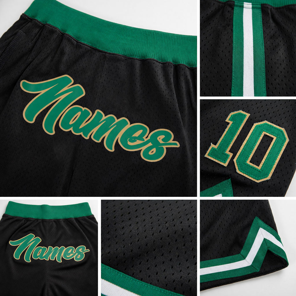 Custom Black Kelly Green-Old Gold Authentic Throwback Basketball Shorts detail