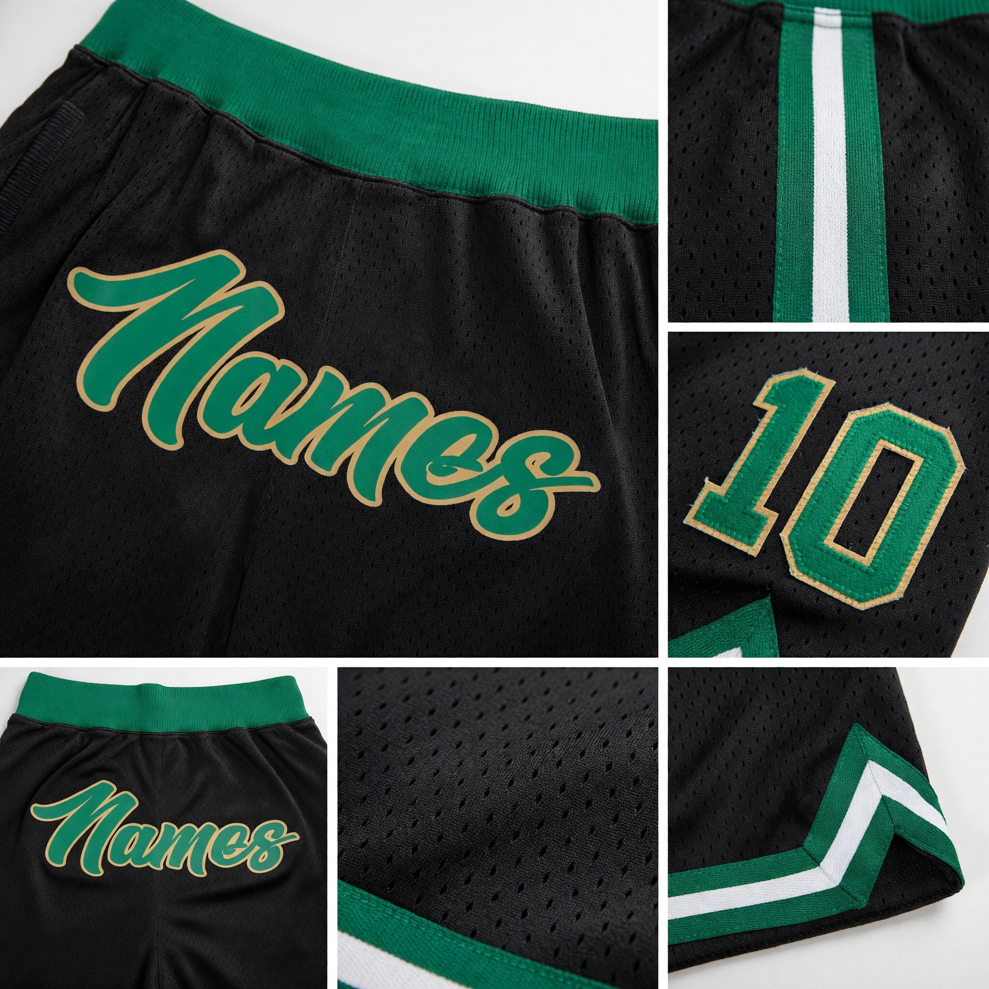 Custom Black Kelly Green-Old Gold Authentic Throwback Basketball Shorts detail