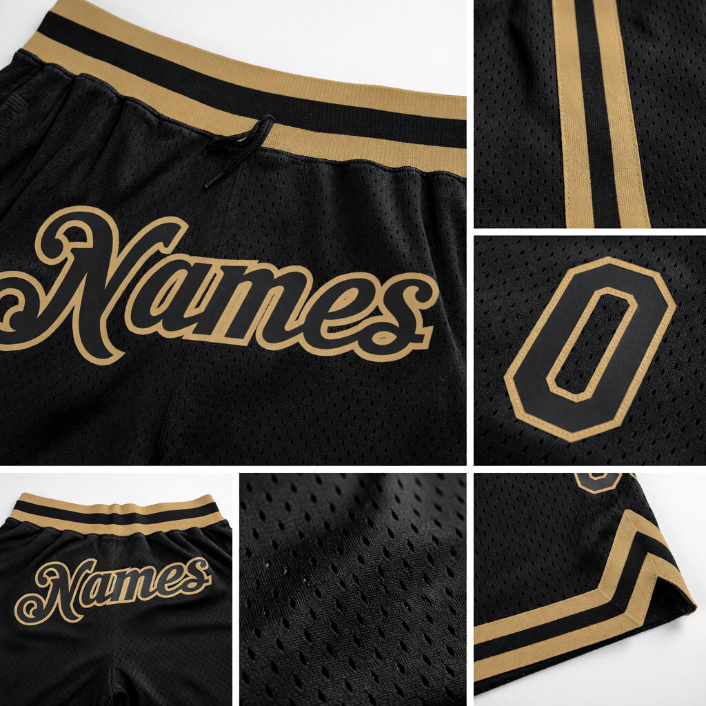 Custom Black Black-Old Gold Authentic Throwback Basketball Shorts detail