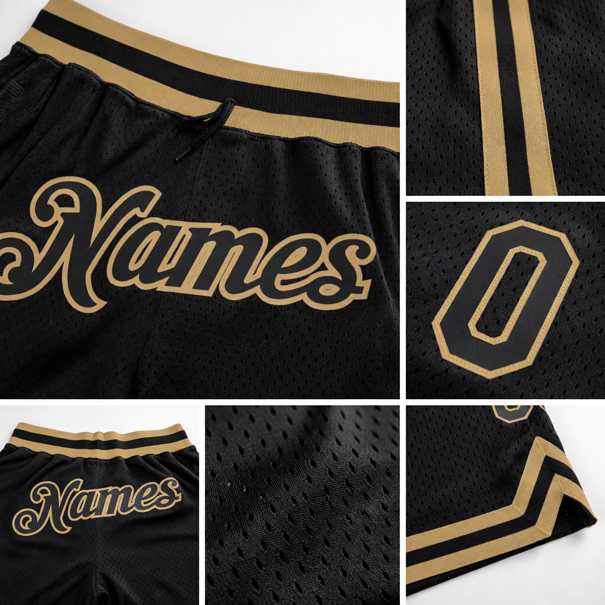 Custom Black Black-Old Gold Authentic Throwback Basketball Shorts detail