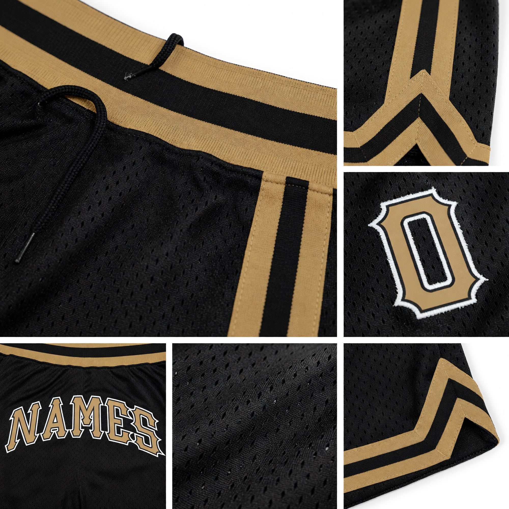 Custom Black Old Gold-White Authentic Throwback Basketball Shorts detail