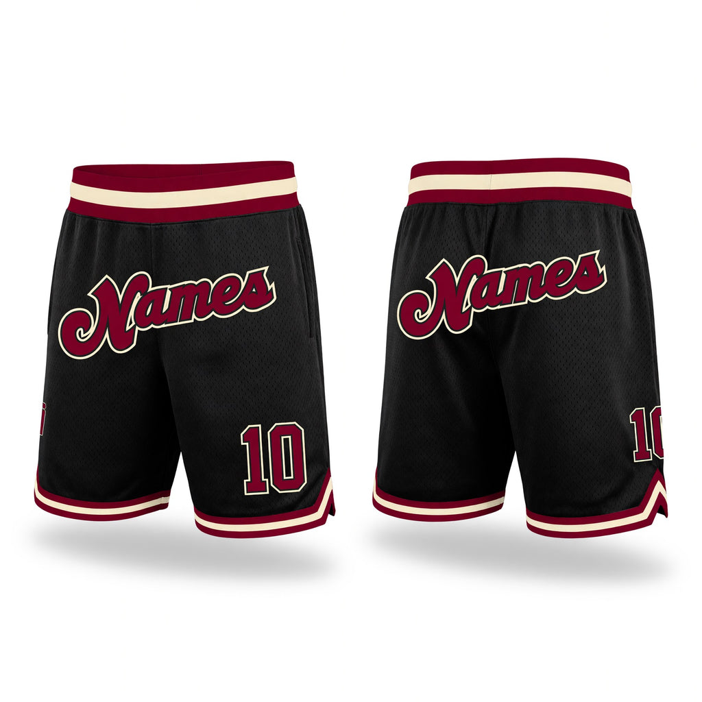 Custom Black Maroon-Cream Authentic Throwback Basketball Shorts