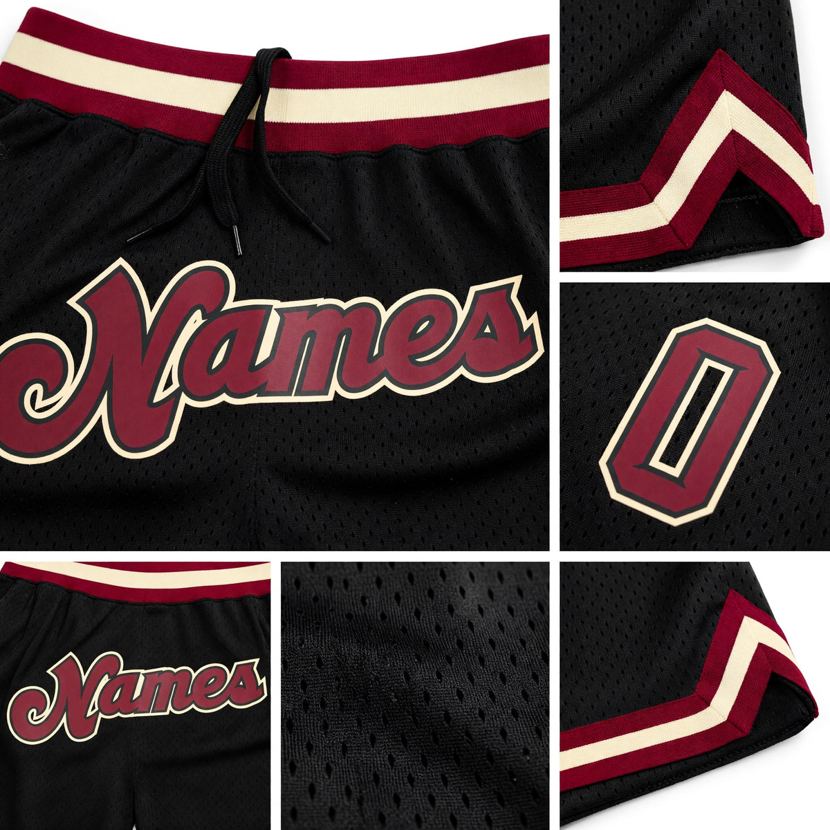 Custom Black Maroon-Cream Authentic Throwback Basketball Shorts detail
