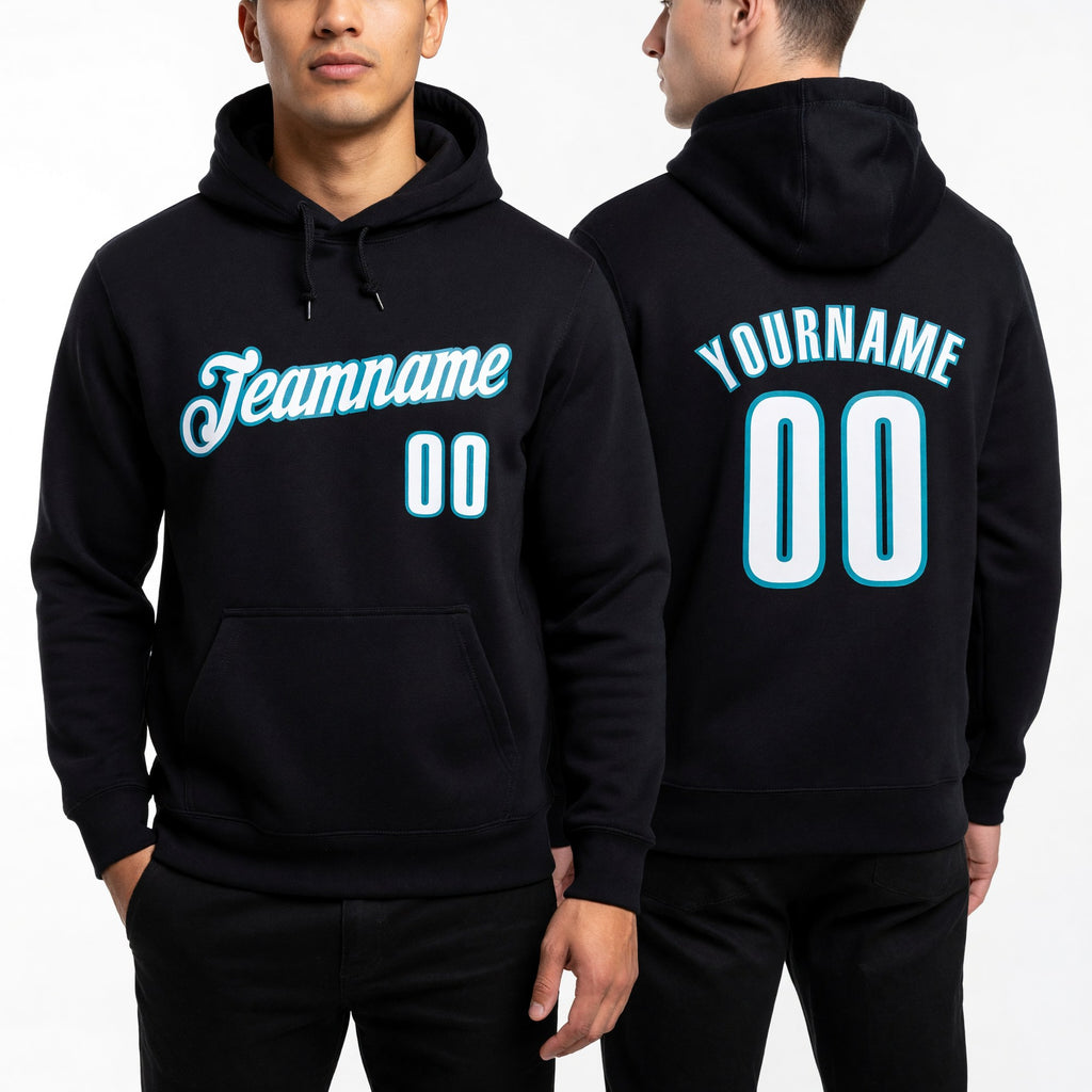 Custom Stitched Black White-Teal Sports Pullover Sweatshirt Hoodie worn front and back