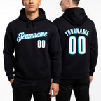 Custom Stitched Black White-Teal Sports Pullover Sweatshirt Hoodie worn front and back