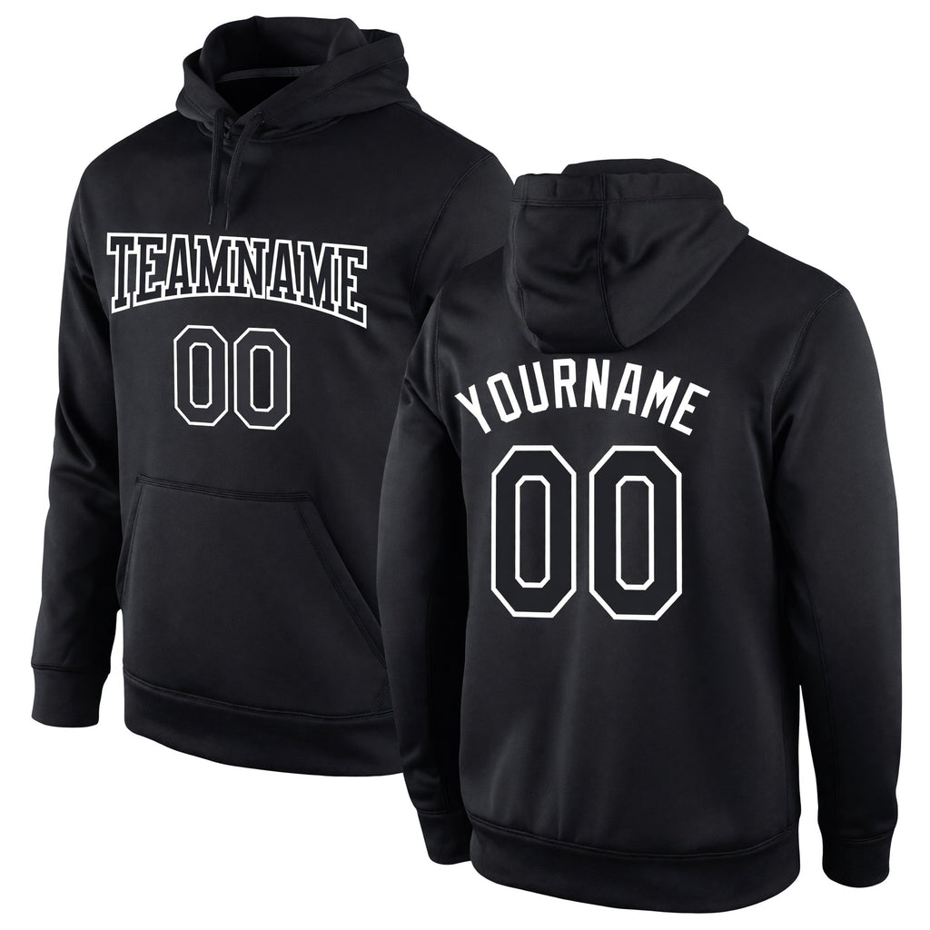 Custom Stitched Black Black-White Sports Pullover Sweatshirt Hoodie