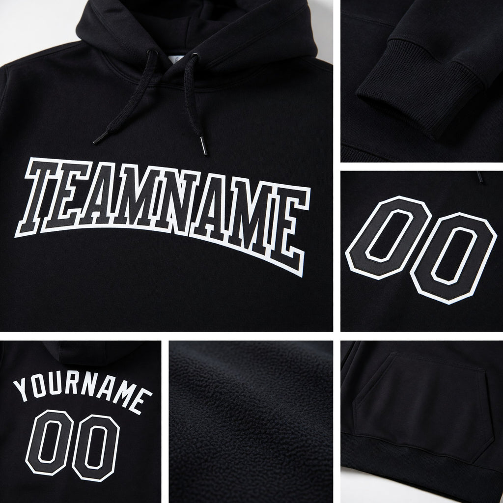 Custom Stitched Black Black-White Sports Pullover Sweatshirt Hoodie detail