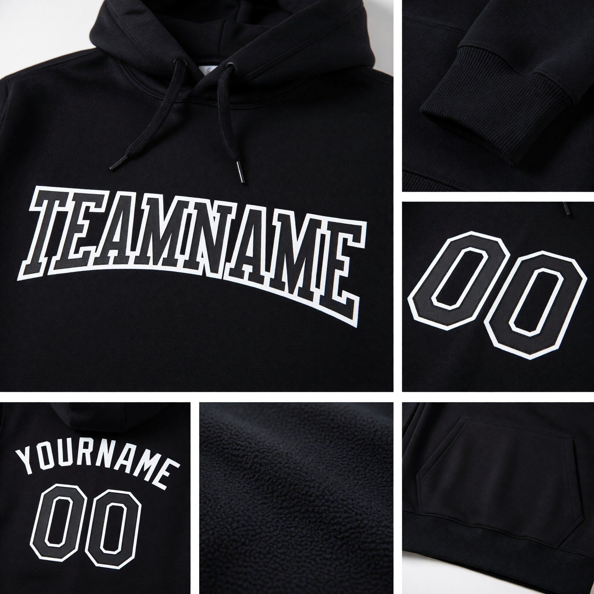 Custom Stitched Black Black-White Sports Pullover Sweatshirt Hoodie detail