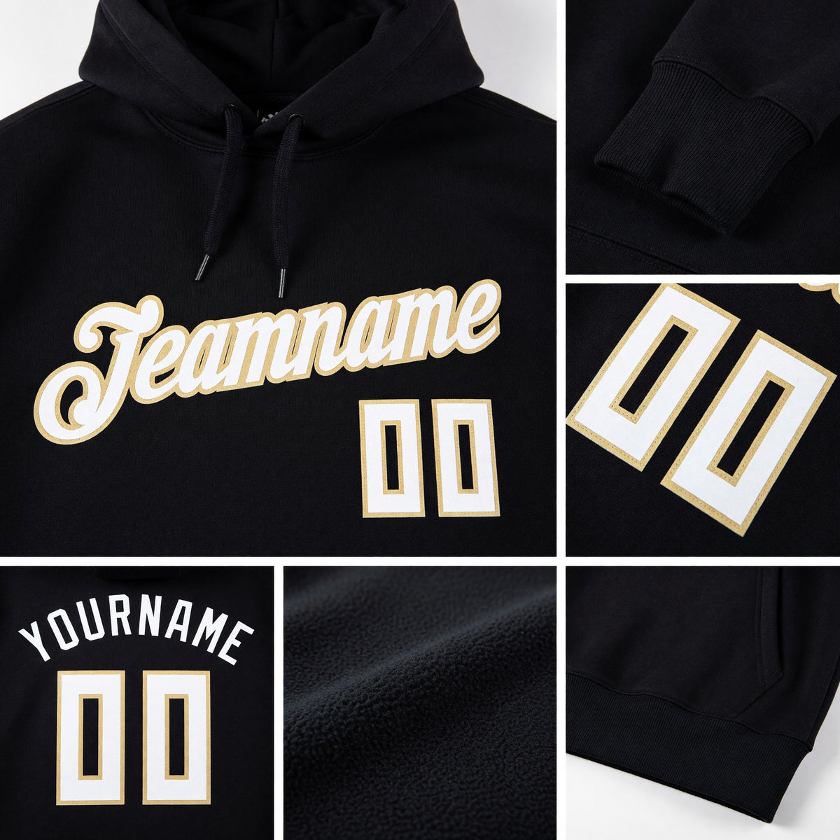 Custom Stitched Black White-Cream Sports Pullover Sweatshirt Hoodie detail