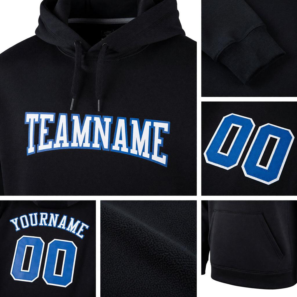 Custom Stitched Black Royal-White Sports Pullover Sweatshirt Hoodie detail