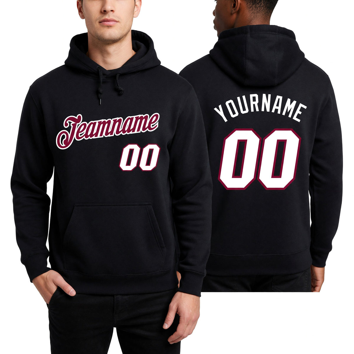 Custom Stitched Black White-Maroon Sports Pullover Sweatshirt Hoodie worn front and back