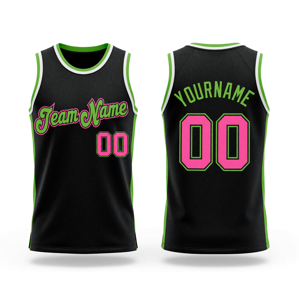 Custom Black Pink-Neon Green Authentic Throwback Basketball Jersey