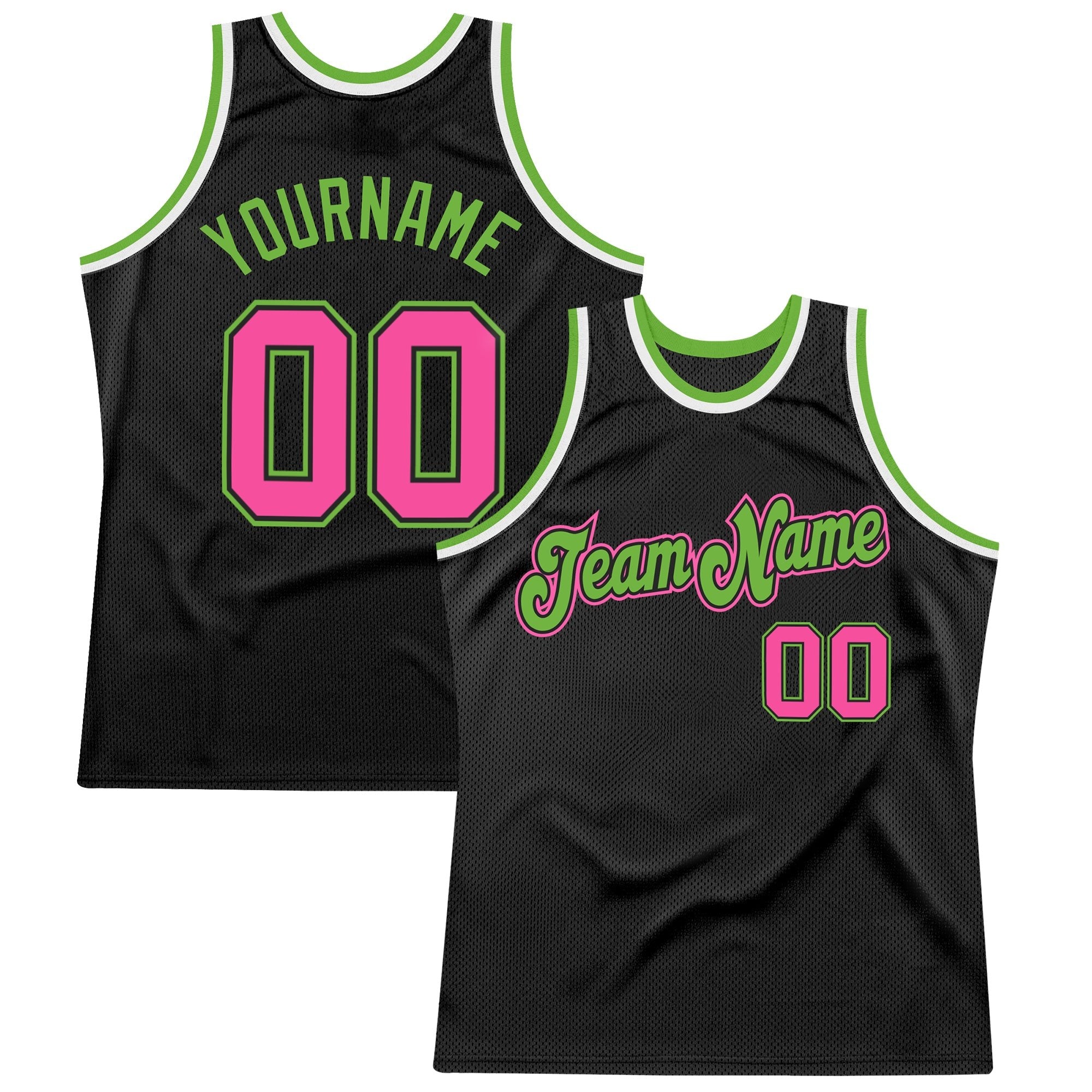 Custom Black Pink-Neon Green Authentic Throwback Basketball Jersey photo 1