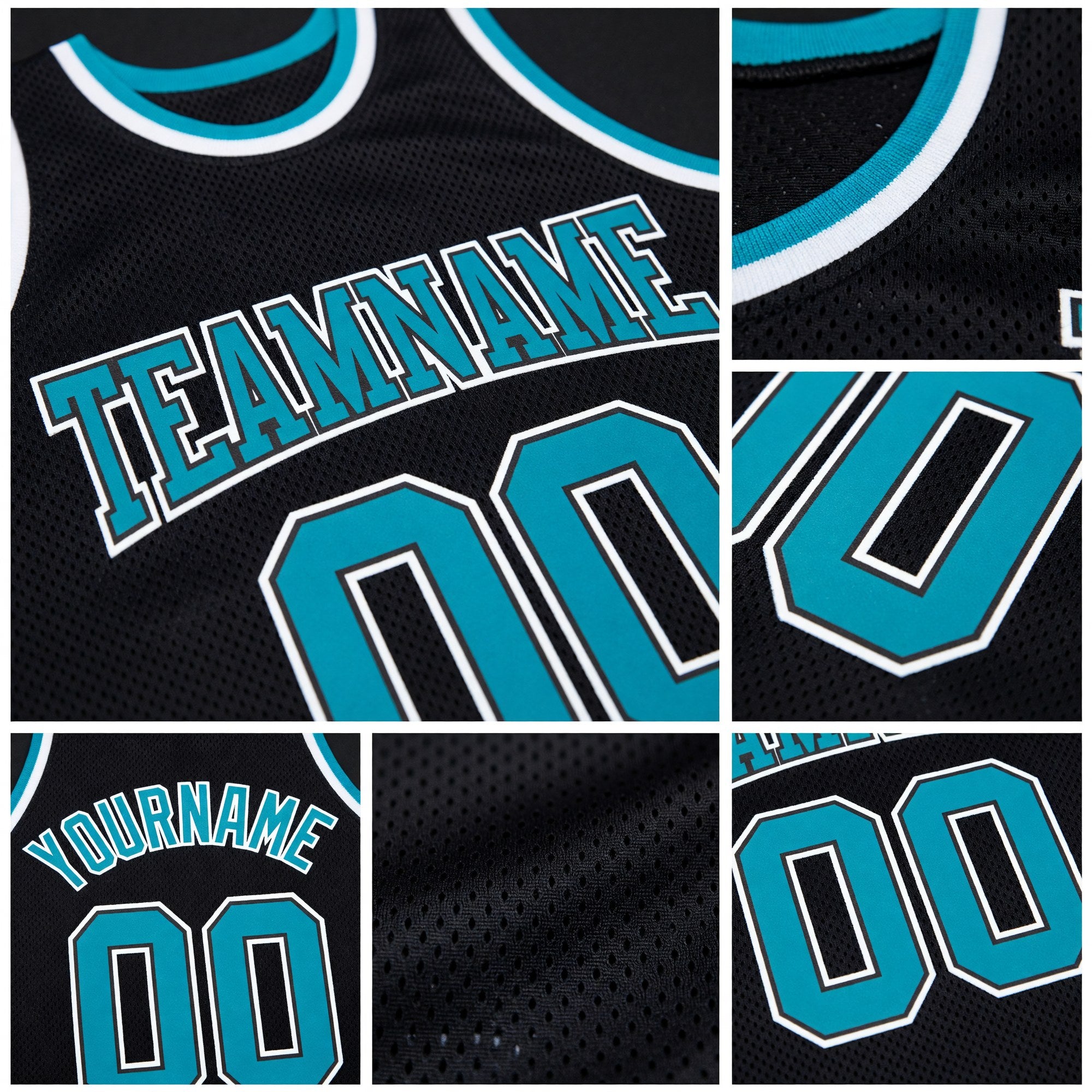 Custom Black Teal-White Authentic Throwback Basketball Jersey detail