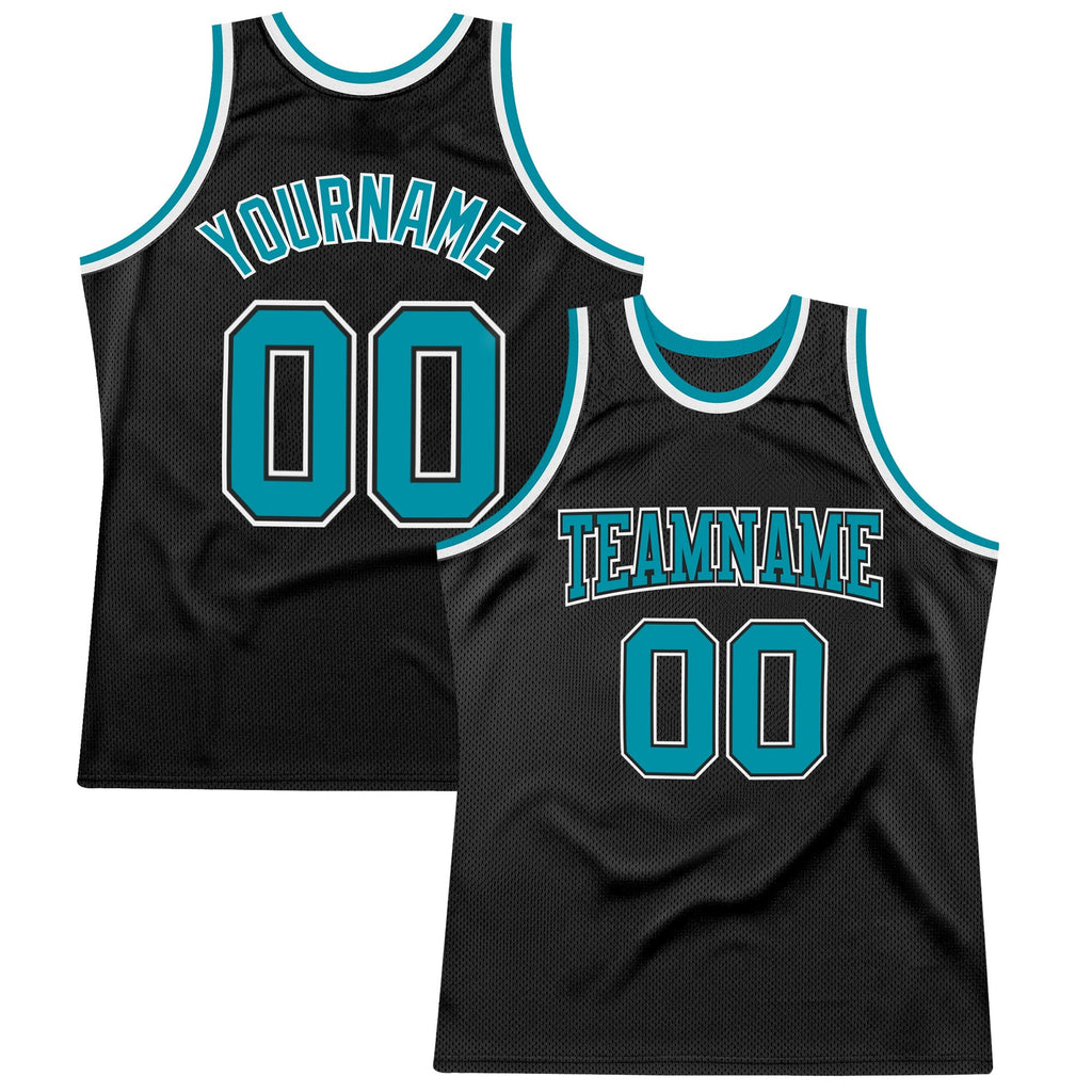 Custom Black Teal-White Authentic Throwback Basketball Jersey photo 1