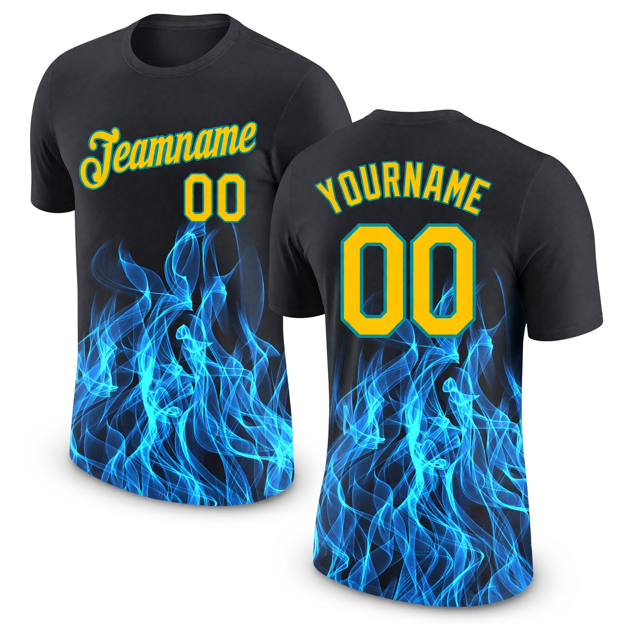 Custom Black Gold-Aqua 3D Pattern Design Flame Performance T-Shirt