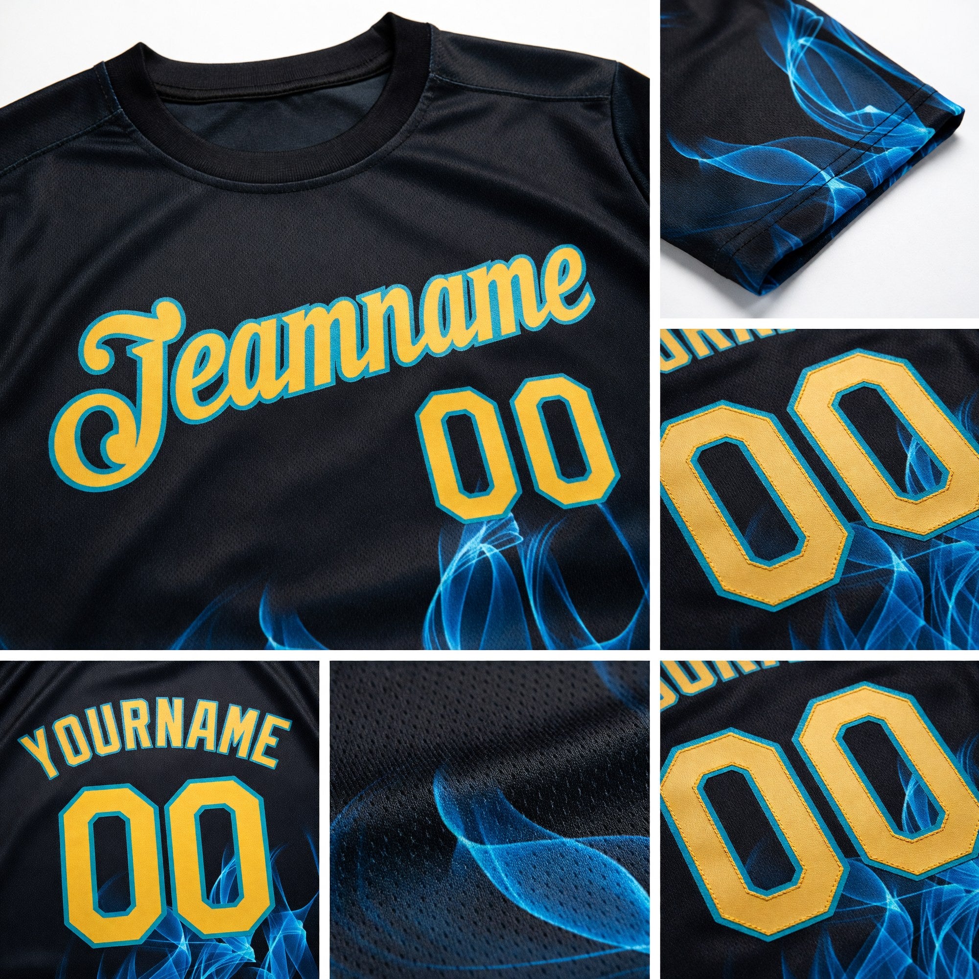 Custom Black Gold-Aqua 3D Pattern Design Flame Performance T-Shirt detail